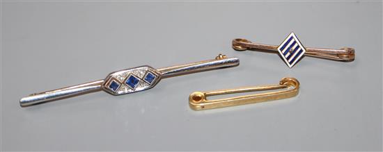 A 15ct yellow and white gold bar brooch set with three sapphires and rose diamonds and two other bar brooches,